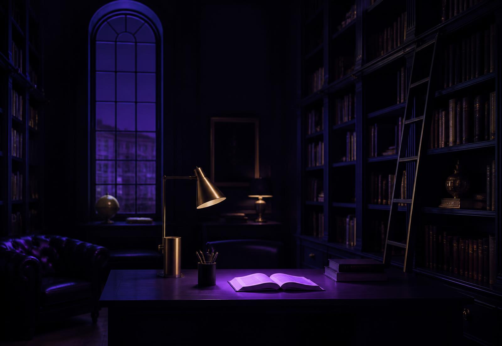 Bibliothèque contemporaine éclairée par une lampe de lecture